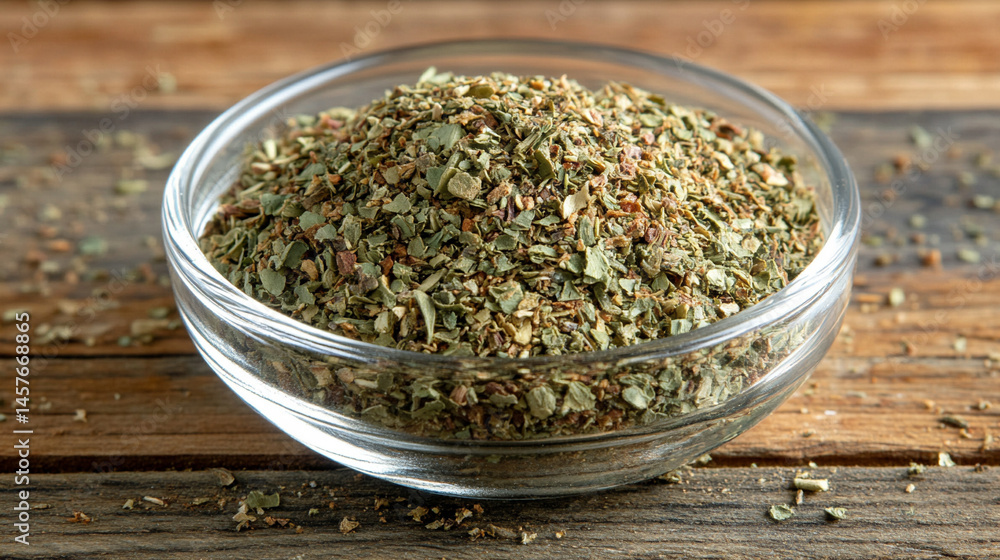 Top view of a textured pile of dried and chopped basil spice, symbolizing natural flavor, culinary tradition, and the essence of Mediterranean cooking in organic, earthy tones.