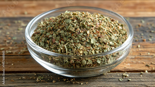 Obraz na płótnie Top view of a textured pile of dried and chopped basil spice, symbolizing natural flavor, culinary tradition, and the essence of Mediterranean cooking in organic, earthy tones.
w salonie
