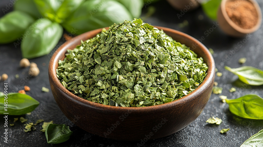 Top view of a textured pile of dried and chopped basil spice, symbolizing natural flavor, culinary tradition, and the essence of Mediterranean cooking in organic, earthy tones.