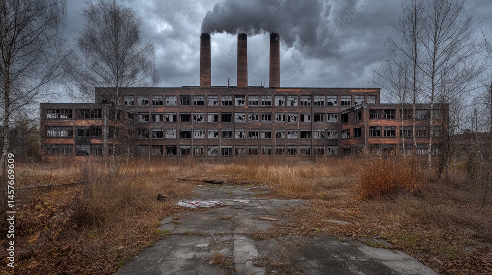 Fototapeta premium Abandoned industrial building with three smokestacks