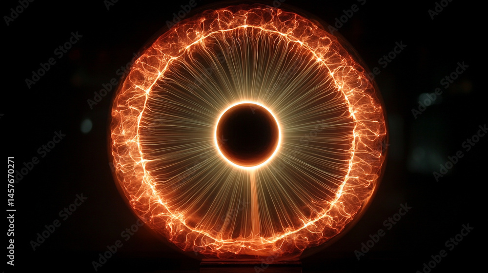 A glowing electric plasma portal pulses with vibrant energy in a dark void, symbolizing futuristic technology, dimensional gateways, and the unknown power of science and imagination.