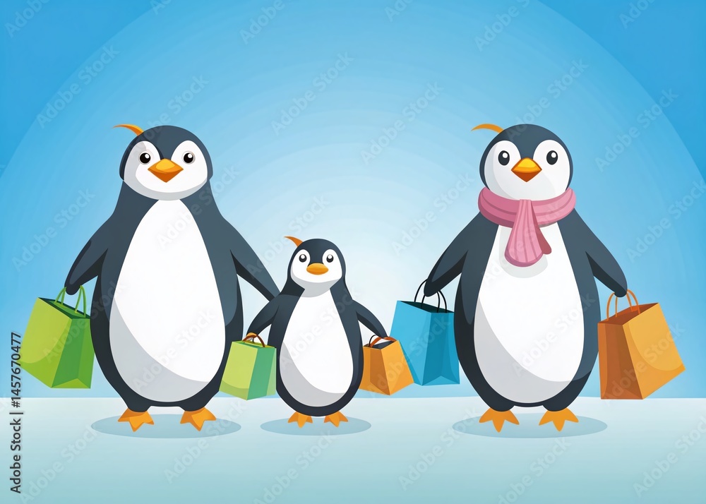 Fototapeta premium Cute Penguin Shopping Spree: Minimalist Cartoon Illustrations of Penguins with Bags
