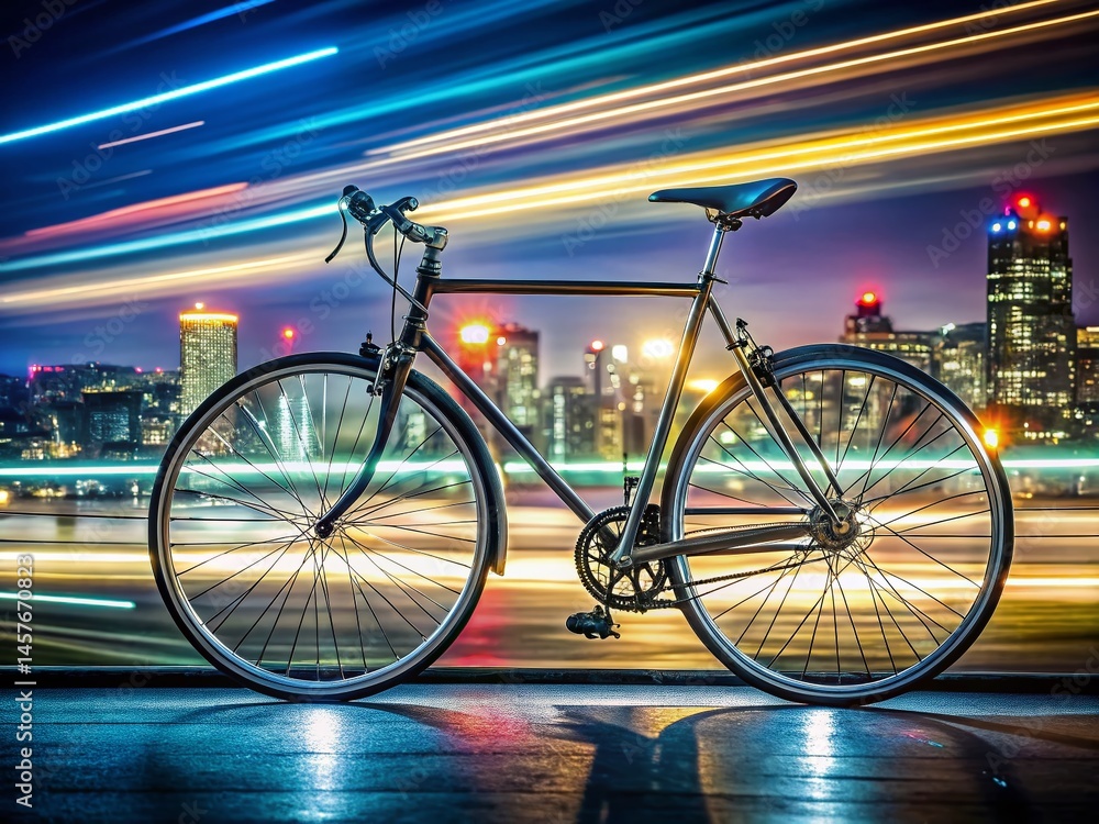 Fototapeta premium Cyclist on Long Exposure Night Ride, City Lights Trails, Adventure, Randonneur