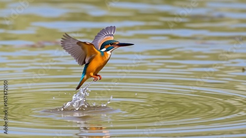 Female Kingfisher emerging from the water after an unsuccessful dive to grab a fish. Taking photos