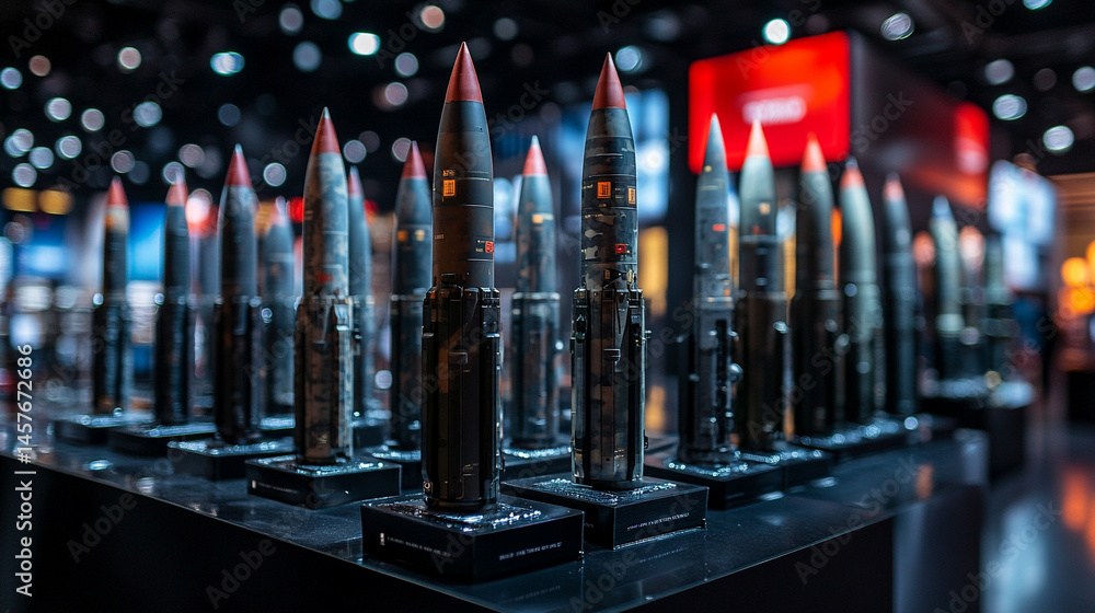 Exhibition of advanced military missiles displayed in a high-tech hall, symbolizing global power, defense innovation, modern warfare readiness, and international military technology race
