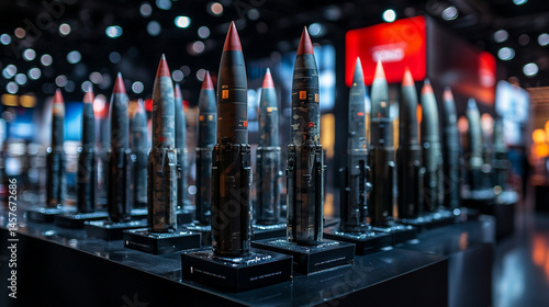 Obraz na płótnie Exhibition of advanced military missiles displayed in a high-tech hall, symbolizing global power, defense innovation, modern warfare readiness, and international military technology race
w salonie