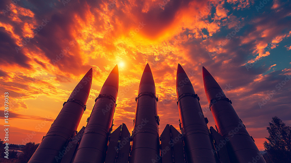 Exhibition of advanced military missiles displayed in a high-tech hall, symbolizing global power, defense innovation, modern warfare readiness, and international military technology race