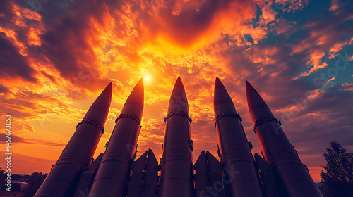 Obraz na płótnie Exhibition of advanced military missiles displayed in a high-tech hall, symbolizing global power, defense innovation, modern warfare readiness, and international military technology race
w salonie