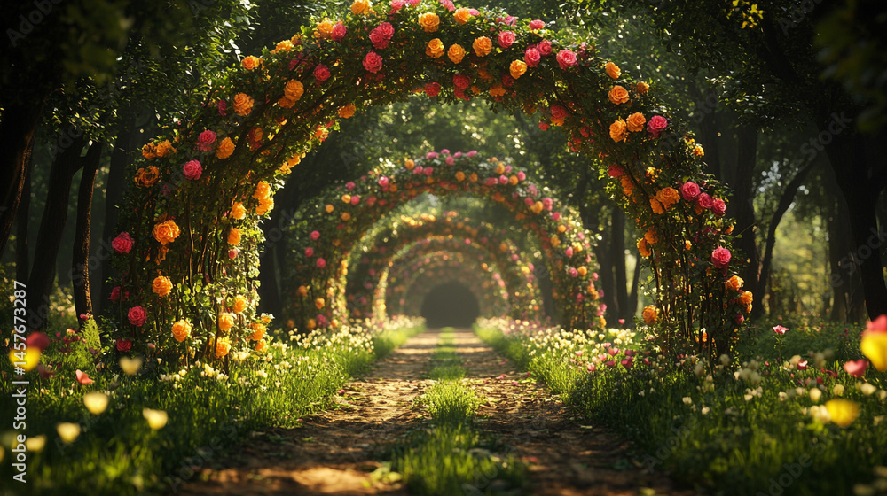 Fairytale garden with vibrant floral arches creates a whimsical path through nature's beauty, inspiring wonder, joy, and peaceful escape into a magical and serene world of enchantment.