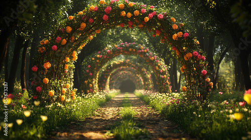 Obraz na płótnie Fairytale garden with vibrant floral arches creates a whimsical path through nature's beauty, inspiring wonder, joy, and peaceful escape into a magical and serene world of enchantment.
w salonie