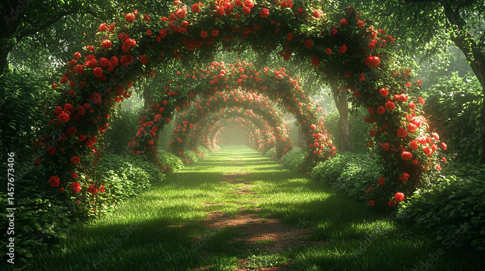 Fairytale garden with vibrant floral arches creates a whimsical path through nature's beauty, inspiring wonder, joy, and peaceful escape into a magical and serene world of enchantment.