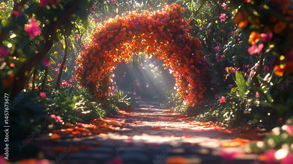 Fairytale garden with vibrant floral arches creates a whimsical path through nature's beauty, inspiring wonder, joy, and peaceful escape into a magical and serene world of enchantment.