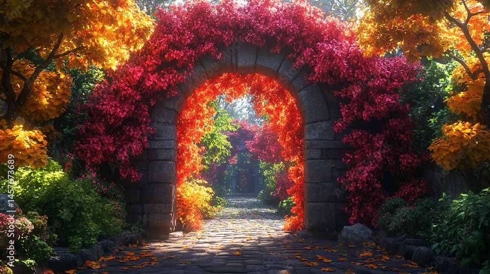 Fairytale garden with vibrant floral arches creates a whimsical path through nature's beauty, inspiring wonder, joy, and peaceful escape into a magical and serene world of enchantment.