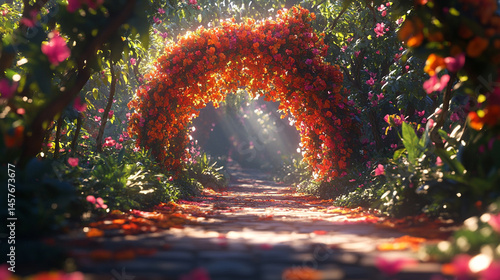 Obraz na płótnie Fairytale garden with vibrant floral arches creates a whimsical path through nature's beauty, inspiring wonder, joy, and peaceful escape into a magical and serene world of enchantment.
w salonie