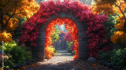 Obraz na płótnie Fairytale garden with vibrant floral arches creates a whimsical path through nature's beauty, inspiring wonder, joy, and peaceful escape into a magical and serene world of enchantment.
w salonie
