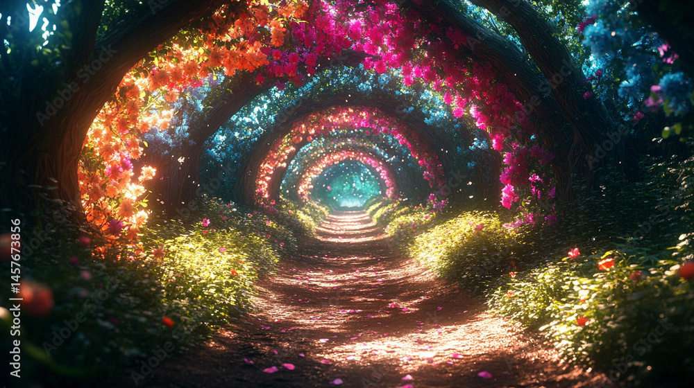 Fairytale garden with vibrant floral arches creates a whimsical path through nature's beauty, inspiring wonder, joy, and peaceful escape into a magical and serene world of enchantment.