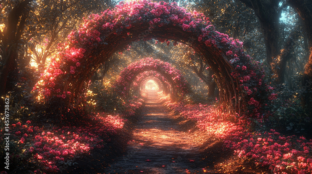 Fairytale garden with vibrant floral arches creates a whimsical path through nature's beauty, inspiring wonder, joy, and peaceful escape into a magical and serene world of enchantment.