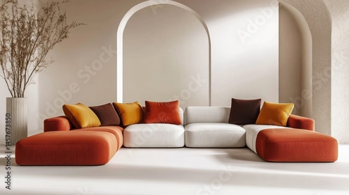 Modern sectional sofa with colorful cushions in a minimalist living room