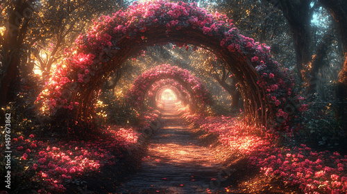 Obraz na płótnie Fairytale garden with vibrant floral arches creates a whimsical path through nature's beauty, inspiring wonder, joy, and peaceful escape into a magical and serene world of enchantment.
w salonie