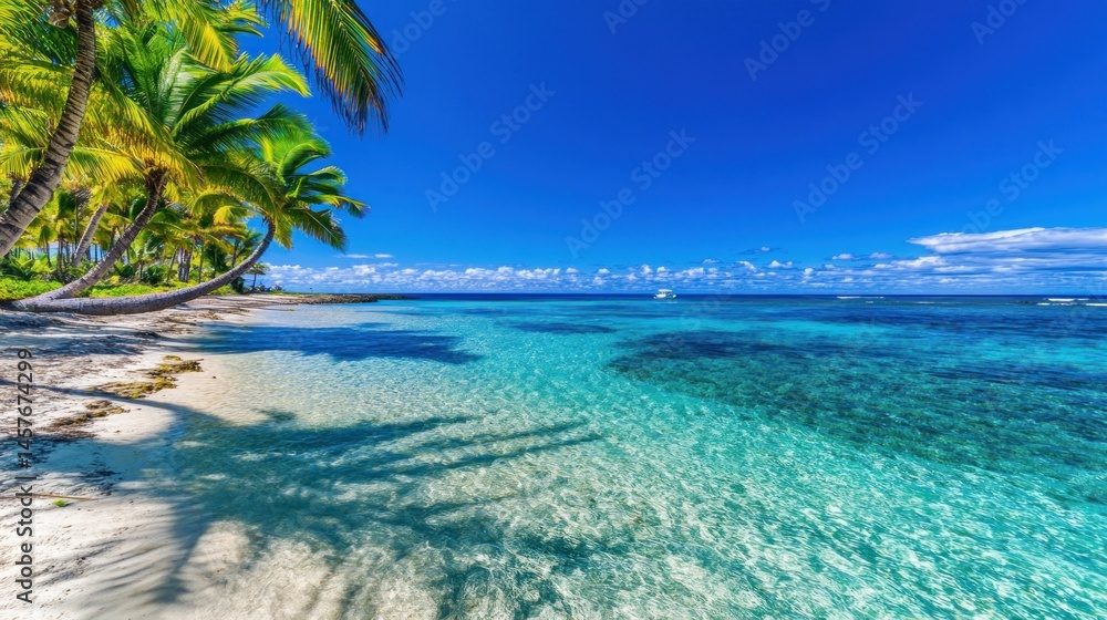 Fototapeta premium Tropical beach paradise azure waters palm trees and white sand
