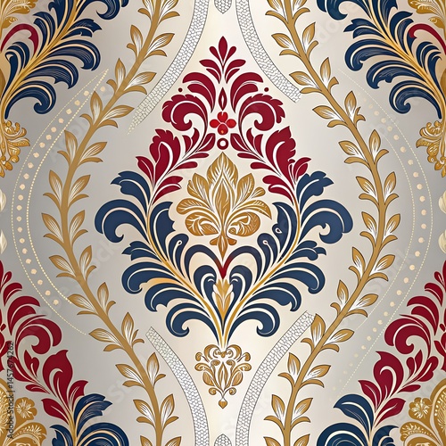 Elegant Damask Wallpaper Design in Gold Red and Blue