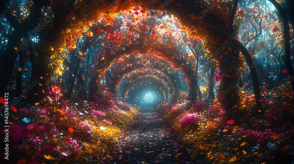 Fairytale garden with vibrant floral arches creates a whimsical path through nature's beauty, inspiring wonder, joy, and peaceful escape into a magical and serene world of enchantment.