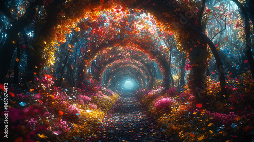 Obraz na płótnie Fairytale garden with vibrant floral arches creates a whimsical path through nature's beauty, inspiring wonder, joy, and peaceful escape into a magical and serene world of enchantment.
w salonie