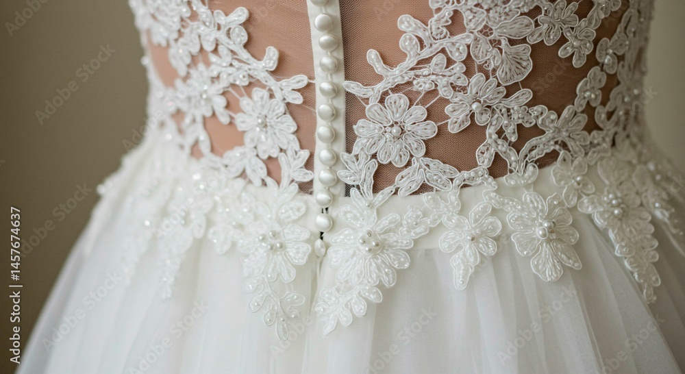 Fototapeta premium Close up of the back of a white wedding dress with lace floral detailing and pearl buttons down the back