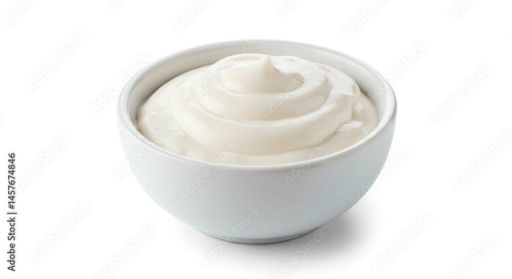 A white bowl filled with a smooth creamy substance against a stark white background in a studio shot A white bowl filled with a smooth creamy substance against a stark white background in a studio shot