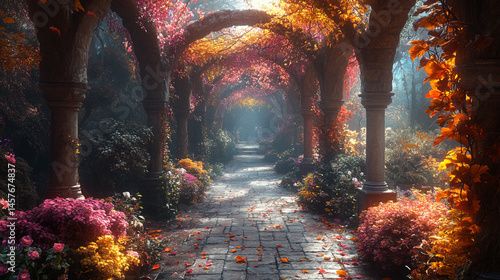 Obraz na płótnie Fairytale garden with vibrant floral arches creates a whimsical path through nature's beauty, inspiring wonder, joy, and peaceful escape into a magical and serene world of enchantment.
w salonie