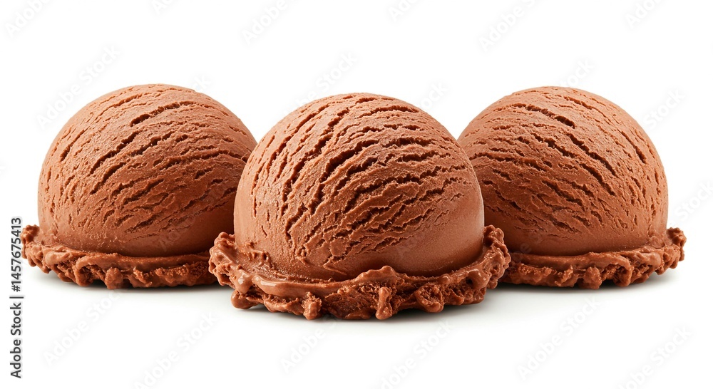 Fototapeta premium Three scoops of chocolate ice cream resting side by side on a plain white surface in a studio shot