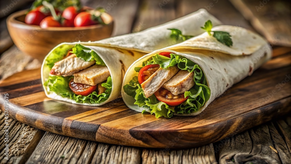 Delicious Grilled Chicken Caesar Wrap on Rustic Wooden Board - Stock Photo Delicious Grilled Chicken Caesar Wrap on Rustic Wooden Board - Stock Photo