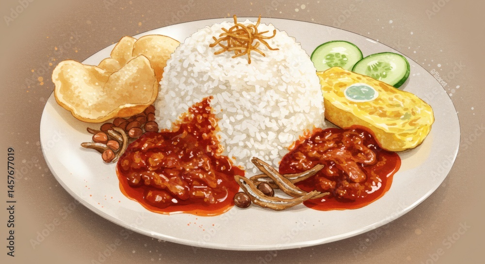 A plate of nasi lemak with rice, sambal, egg, cucumber, and chips in an illustration style A plate of nasi lemak with rice, sambal, egg, cucumber, and chips in an illustration style