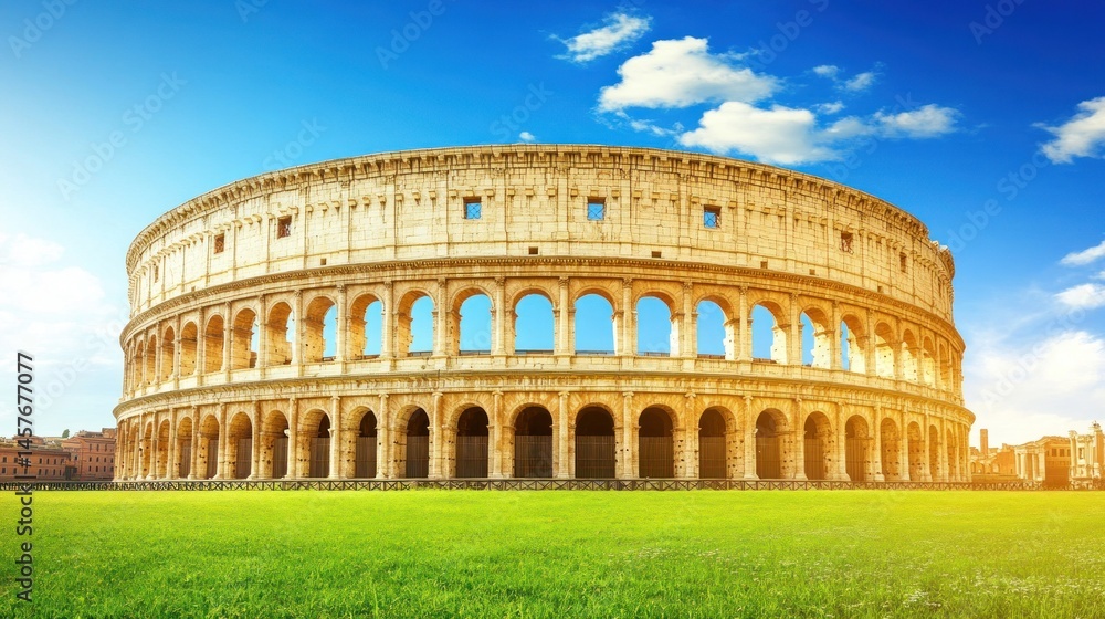 Fototapeta premium Ancient stone amphitheater under sunny sky a historical landmark