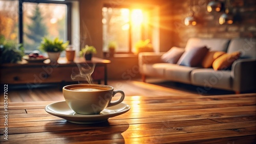 Wallpaper Mural Warmly glowing cup of coffee sitting on a wooden table in a cozy morning atmosphere, living room, warm,  living room, warm, lighting Torontodigital.ca