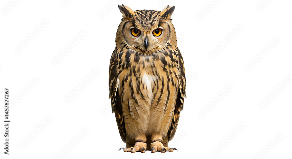 Fototapeta premium Majestic eurasian eagle-owl posing with intense gaze against clean backdrop
