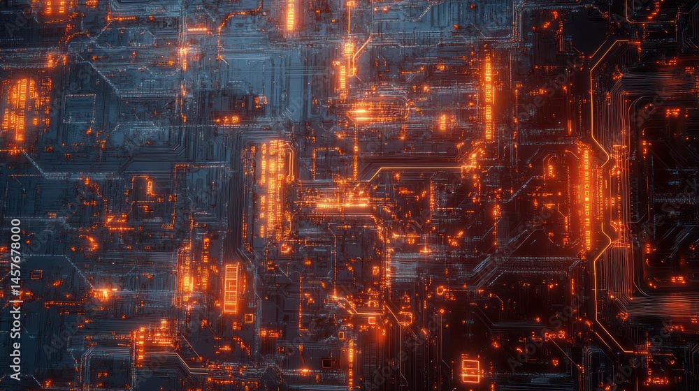 A close up view of an illuminated electronic circuit board A close up view of an illuminated electronic circuit board