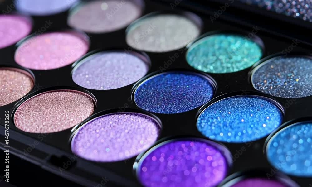 A vibrant eyeshadow palette showcasing shimmering hues of blue and purple. A vibrant eyeshadow palette showcasing shimmering hues of blue and purple.