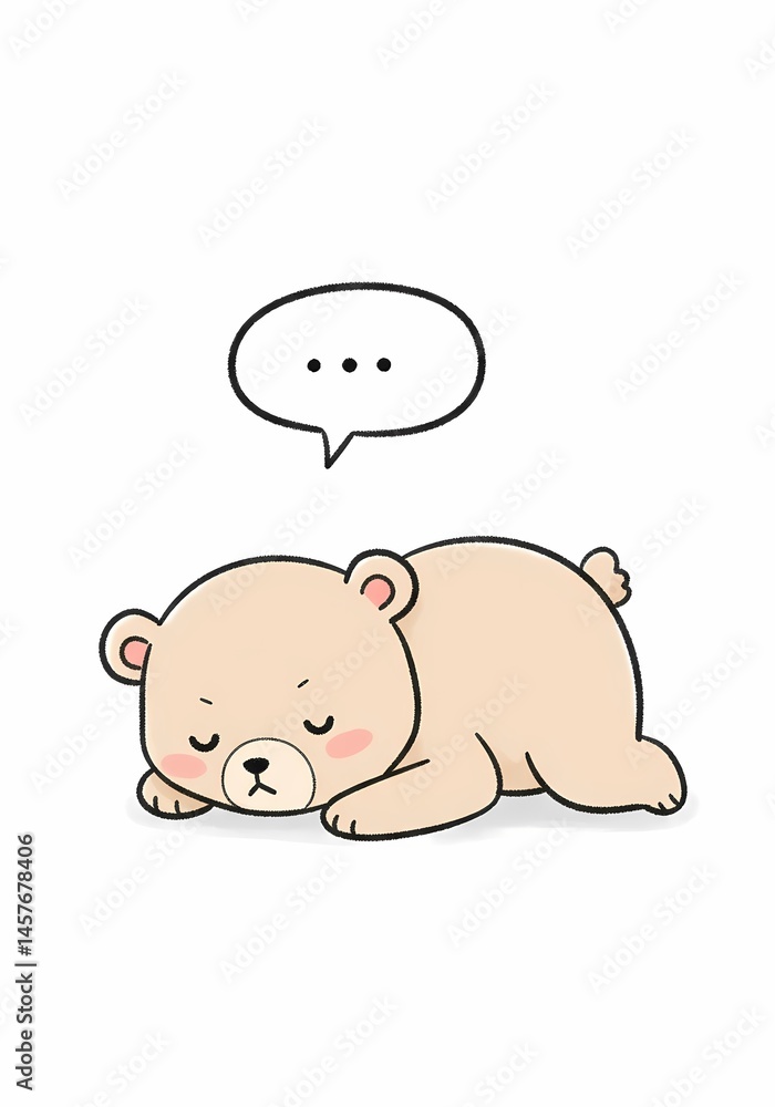 Fototapeta premium Illustrative depiction of a serene bear cub peacefully napping, with a subtle speech bubble signifying quiet contemplation or dreams within the frame