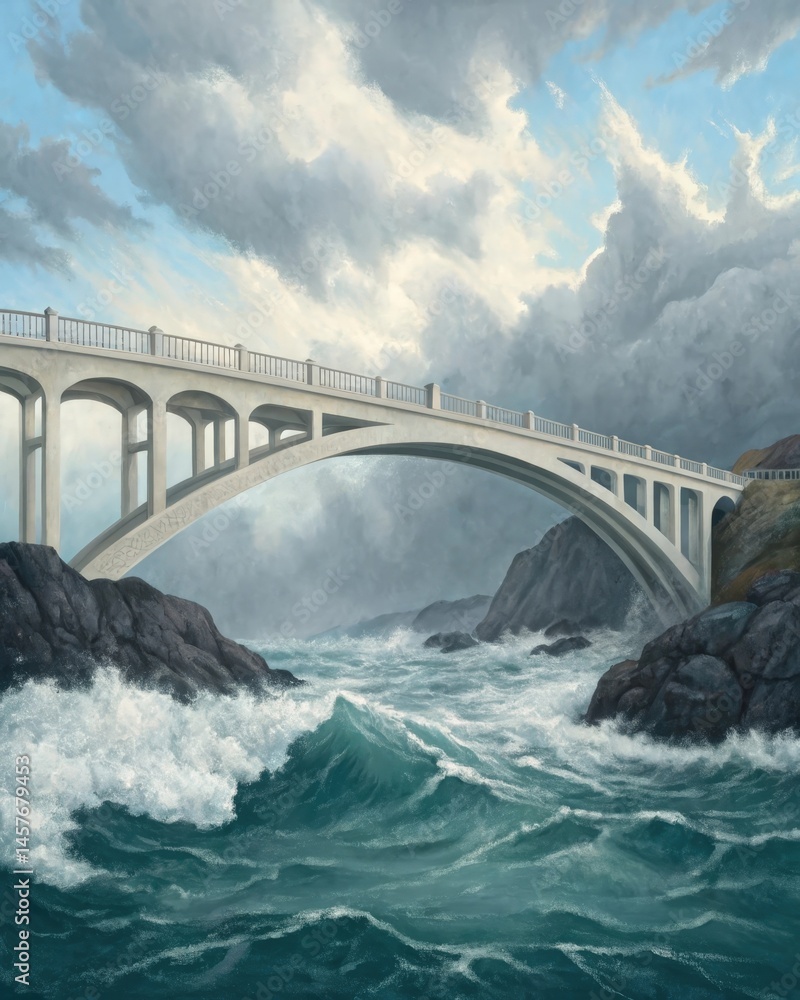 A bridge over turbulent waters representing the connection between past struggles and future strength.