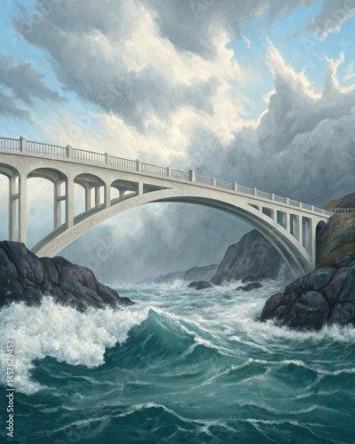 A bridge over turbulent waters representing the connection between past struggles and future strength.