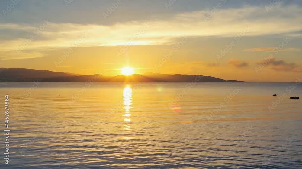 Golden sunrise over tranquil ocean, distant mountains, tranquil seascape, perfect for travel and wellness ads Golden sunrise over tranquil ocean, distant mountains, tranquil seascape, perfect for travel and wellness ads