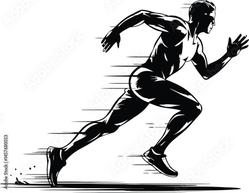 Black and White Illustration of Male Sprinter in Motion with Motion Lines Emphasizing Speed and Athletic Intensity