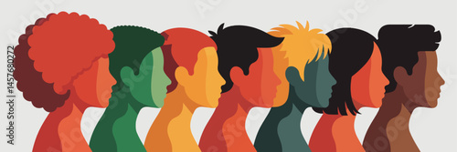 Diverse Colorful Juneteenth Silhouetted Profiles in Flat Vector Style, Symbolizing Unity Identity Inclusivity