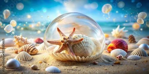 Double Exposure: Vibrant Beach Scene with Delicate White Seashell