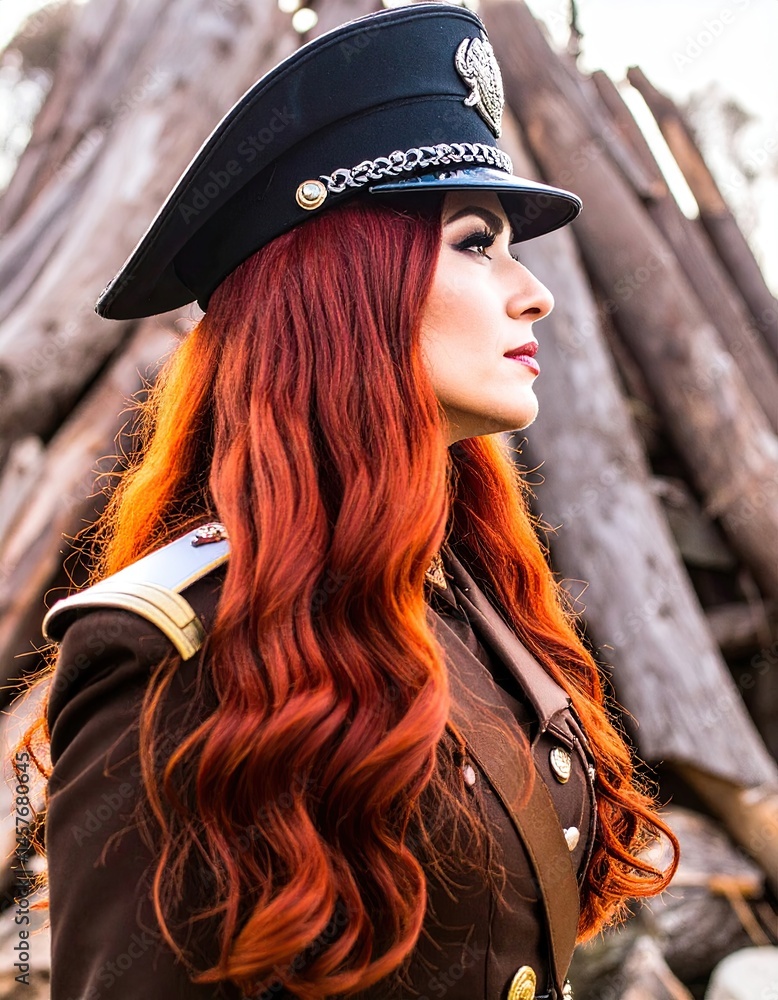 custom made wallpaper toronto digitalWoman in military-style uniform with auburn hair outdoors stands. Brown jacket, black hat, and gold accents create a striking contrast. Natural light illuminates the scene.