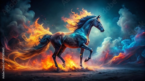 Fototapeta Naklejka Na Ścianę i Meble -  Dramatic Animal Silhouette with Fiery Smoke Spray Paint Fashion Photography