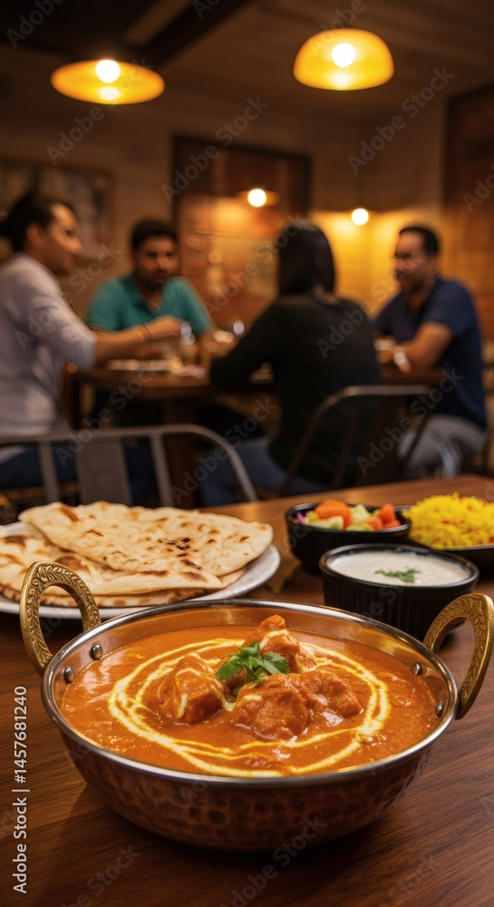 Fototapeta premium Close up of butter chicken with naan bread and rice at a restaurant with people in background