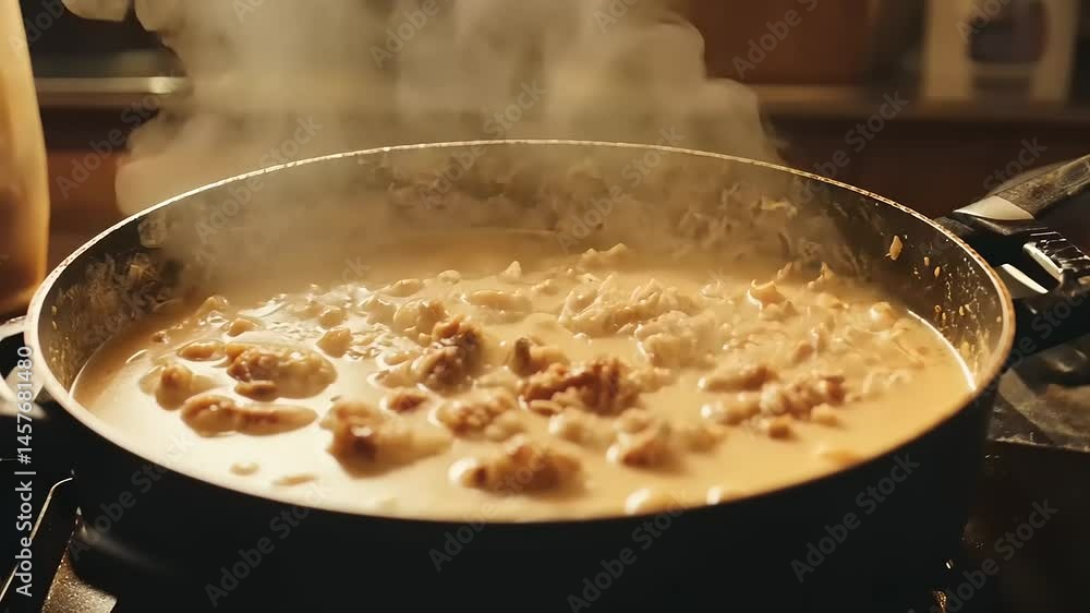 Simmering Culinary Delight: Close-up of Rich and Creamy Stew Being Prepared on a Stove Simmering Culinary Delight: Close-up of Rich and Creamy Stew Being Prepared on a Stove