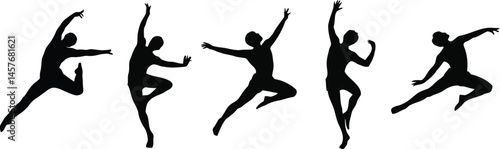 Silhouettes of Five Dancers Gymnasts in Dynamic Poses Against a Clean White Background